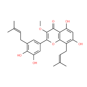 5,7,3',4'-Tetrahydroxy-3-methoxy-8,5'-diprenylflavone - Click Image to Close